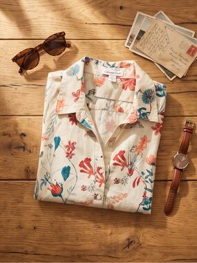 Collared Floral Button-Up Blouse - Cream with Red & Teal Floral Print